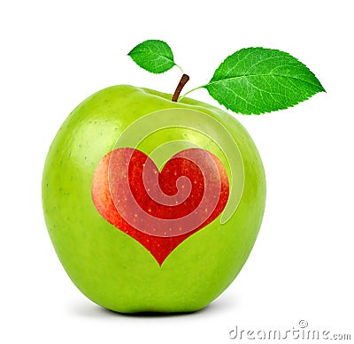 Green apple with heart Stock Photo
