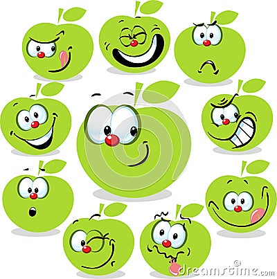 Green apple icon cartoon with funny faces Vector Illustration