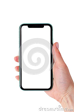 Green Apple iPhone 11 mock up in a female hand isolated on a white background Editorial Stock Photo