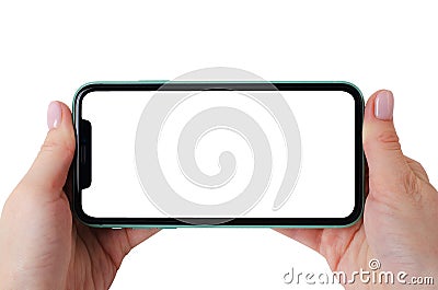 Green Apple iPhone 11 mock up horizontal in a female hands isolated on a white background Editorial Stock Photo