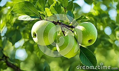 Green apple-laden tree focal point, lush garden Stock Photo