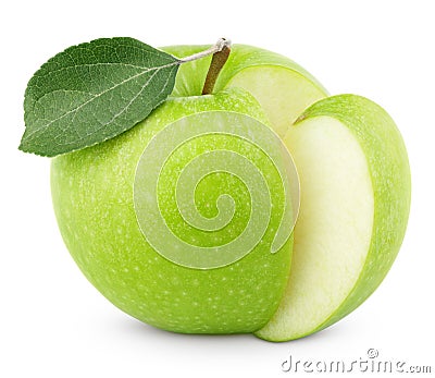 Green apple with leaf and cut on white Stock Photo