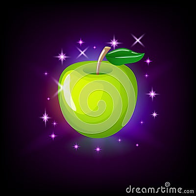 Green apple with leaf, slot icon for online casino or logo for mobile game on dark purple background, vector Vector Illustration