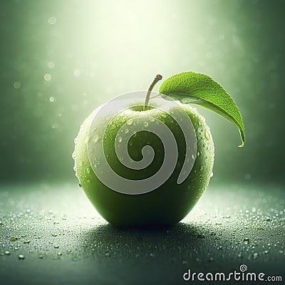 green apple with leave on green background. ai generative Stock Photo