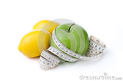 Green apple and lemon with measuring tape isolated on white background Stock Photo