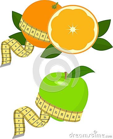 Green apple and orange with measurement. Vector Illustration on white. Healthy diet concept. Vector Illustration