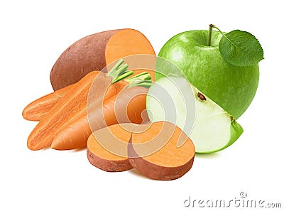 Green apple, sweet potato and carrot isolated on white background. For baby food package design Stock Photo