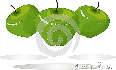 Green apples, brown roots on white background, shadows, hand drawing, painting Vector Illustration