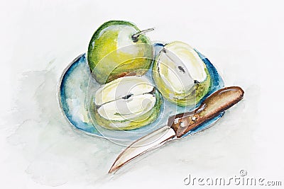 Green apples and sharp knife Cartoon Illustration