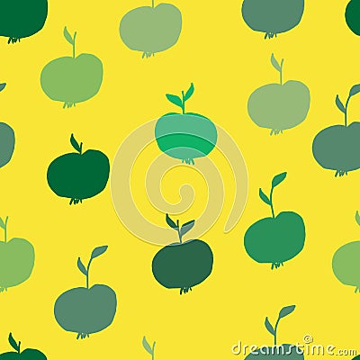 green apples vector seamless pattern. Fruit with leaves, diet vitamin yellow background Vector Illustration