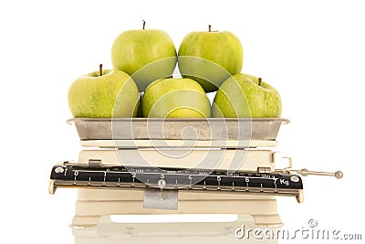 Green apples on weight scale Stock Photo