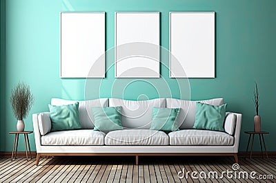 Green Aqua Wall White Wooden Frames Poster Mockup Generative AI Stock Photo
