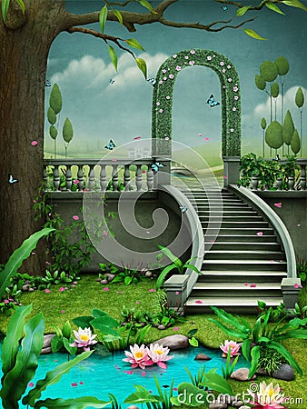 Green arch with stairs. Stock Photo