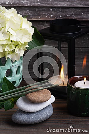 Green aroma sticks in Spa still life Stock Photo