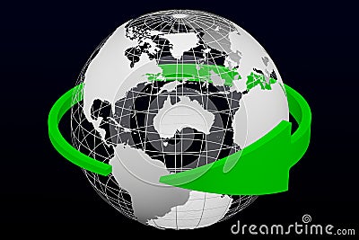 Green arrow around transparent model of Planet Earth. 3D rendering Stock Photo