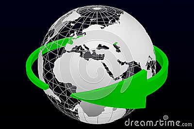 Green arrow around transparent model of Planet Earth. 3D rendering Stock Photo