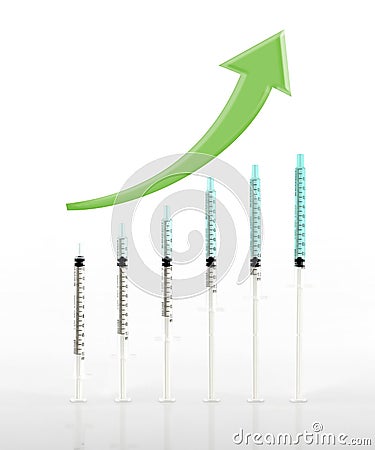 Green arrow raise up above syringe use as graph on glossy floor, Stock Photo