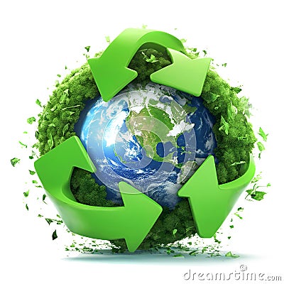 Green arrows around planet Earth recycling concept, AI generated Stock Photo