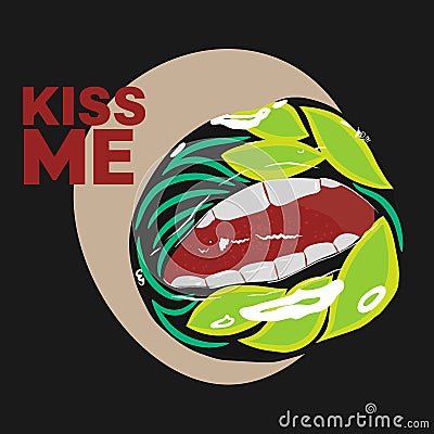 Green art, Kiss me lettering, stylish card with painted lips, bright makeup design Vector Illustration