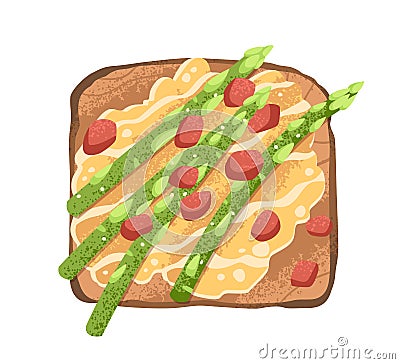 Green asparagus, honey and nuts toast. Vegetarian sandwich on grilled bread with peanuts, vegetable. Vegan snack Vector Illustration