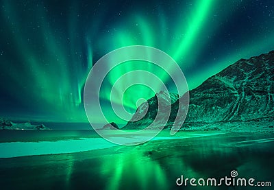 Green aurora borealis above the mountain and frosty seashore Stock Photo