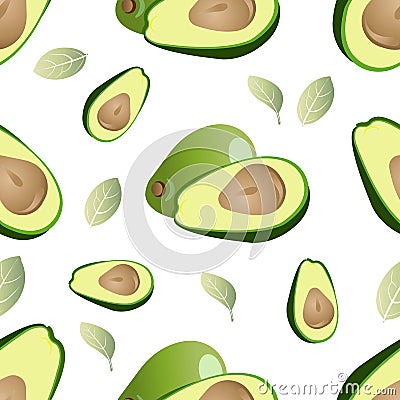 Green avacado seamless pattern. Vector illustration isolated on white background. Cartoon Illustration