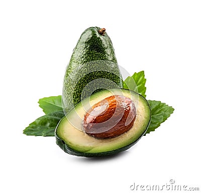 Green avocado fruits with leaves Stock Photo