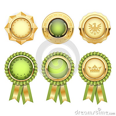 Green award rosettes with gold heraldic medal Vector Illustration