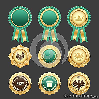 Green award rosettes and gold medals - prize Vector Illustration