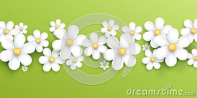 Green background with 3d realistic chamomile or daisy flower Vector Illustration