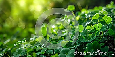 Green background with four-leaf clovers. St. Patrick's banner with Irish shamrocks and copy space. Stock Photo