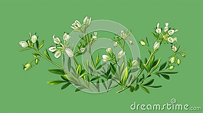 Green background with small white flower in center. There are also several other flowers, some of which have petals and Stock Photo