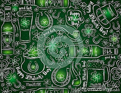 Green background for St. Patrick`s Day with beer bottle, mug, h Vector Illustration