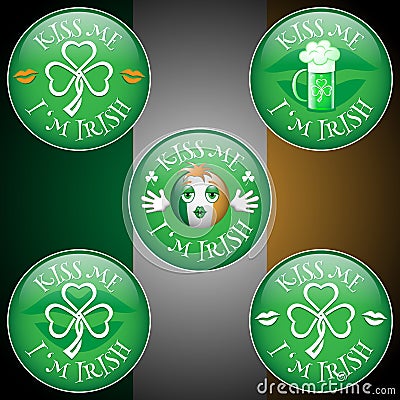 Green badges Kiss me I`m Irish Vector Illustration