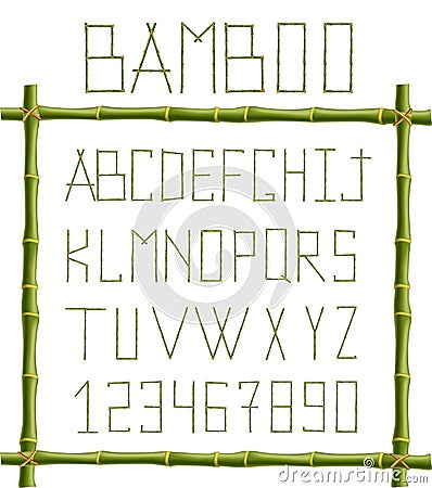 Green bamboo alphabet inside of wooden stick frame isolated on white background Vector Illustration