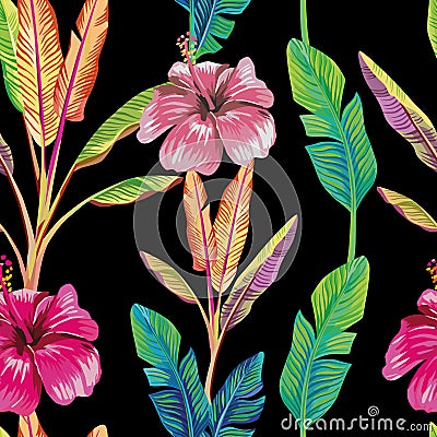 Green banana leaves hibiscus flower black Vector Illustration