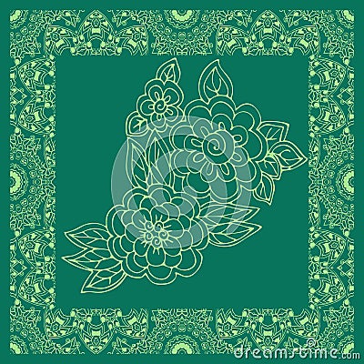 Green bandana print with flowers in ornamental frame. Square silk scarf Vector Illustration