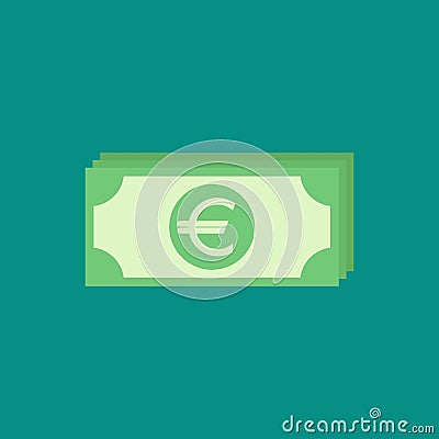 Green bank notes with euro sign. Flat icon isolated on blue. Money pictogram Cartoon Illustration