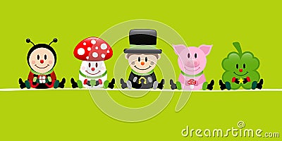 Green Banner Ladybug Fly Agaric Chimney Sweep Pig And Cloverleaf Vector Illustration