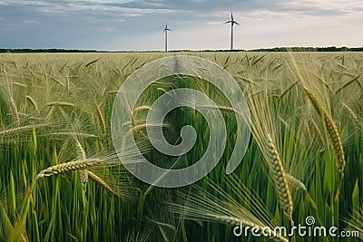 Green Barley Field With Wind Turbines. Generative AI Stock Photo