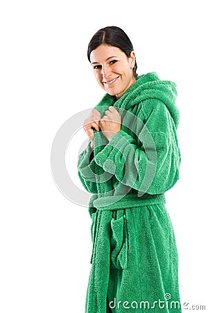 In green beach robe Stock Photo