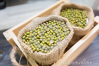 Green beans in small sacks Stock Photo