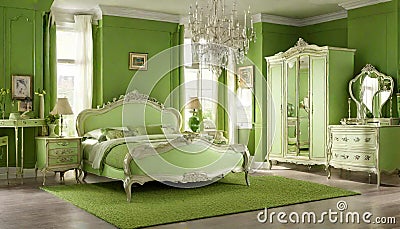 Green beautiful bedroom classic furniture Stock Photo