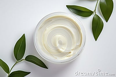 Green Beauty Essentials: Top View of Moisturizer Cream Jar with Herbal Extract Stock Photo