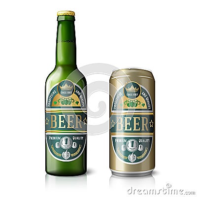 Green beer bottle and golden can, with labels Vector Illustration