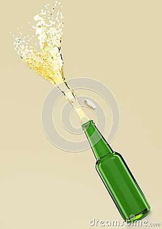 green beer bottle with stream fresh drink and cap off isolated render Stock Photo