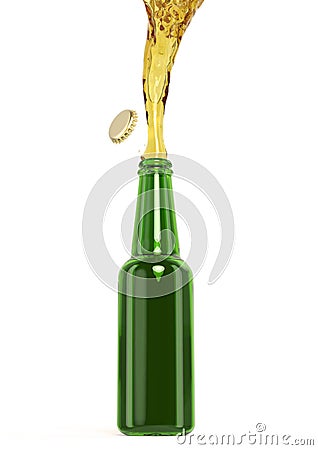 green beer bottle with stream fresh drink and cap off isolated render Stock Photo