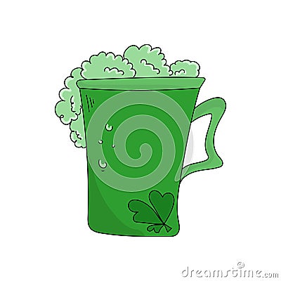 Green beer for St. Patrick`s Day, Large glass with frothy beer and three leaf clover, bright holiday drink Vector Illustration