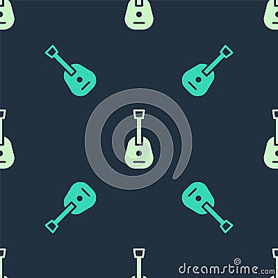 Green and beige Guitar icon isolated seamless pattern on blue background. Acoustic guitar. String musical instrument Vector Illustration