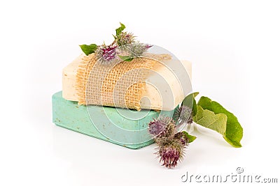 Green and beige homemade herbal soap Stock Photo